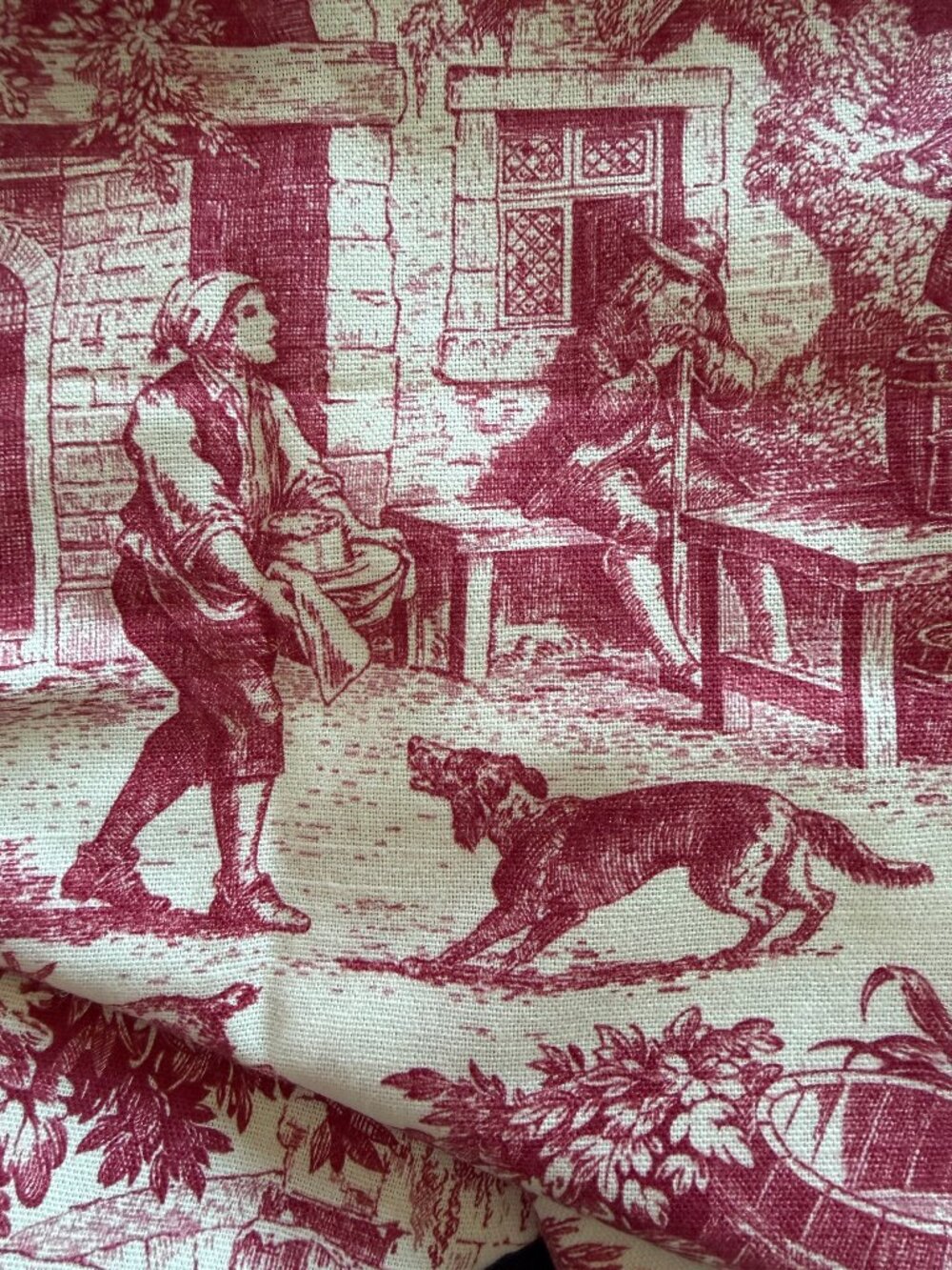Vintage Toile Print Laura Ashley French Country Pastoral 3 yards Cranberry Cream